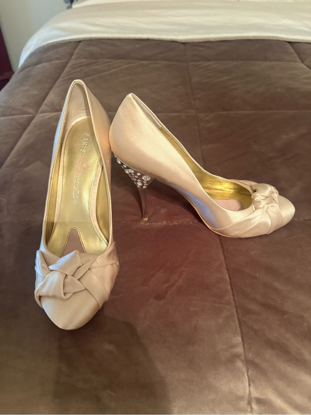 Paris Hilton Champagne Satin Knotted Heels with Crystal-Studded Heel